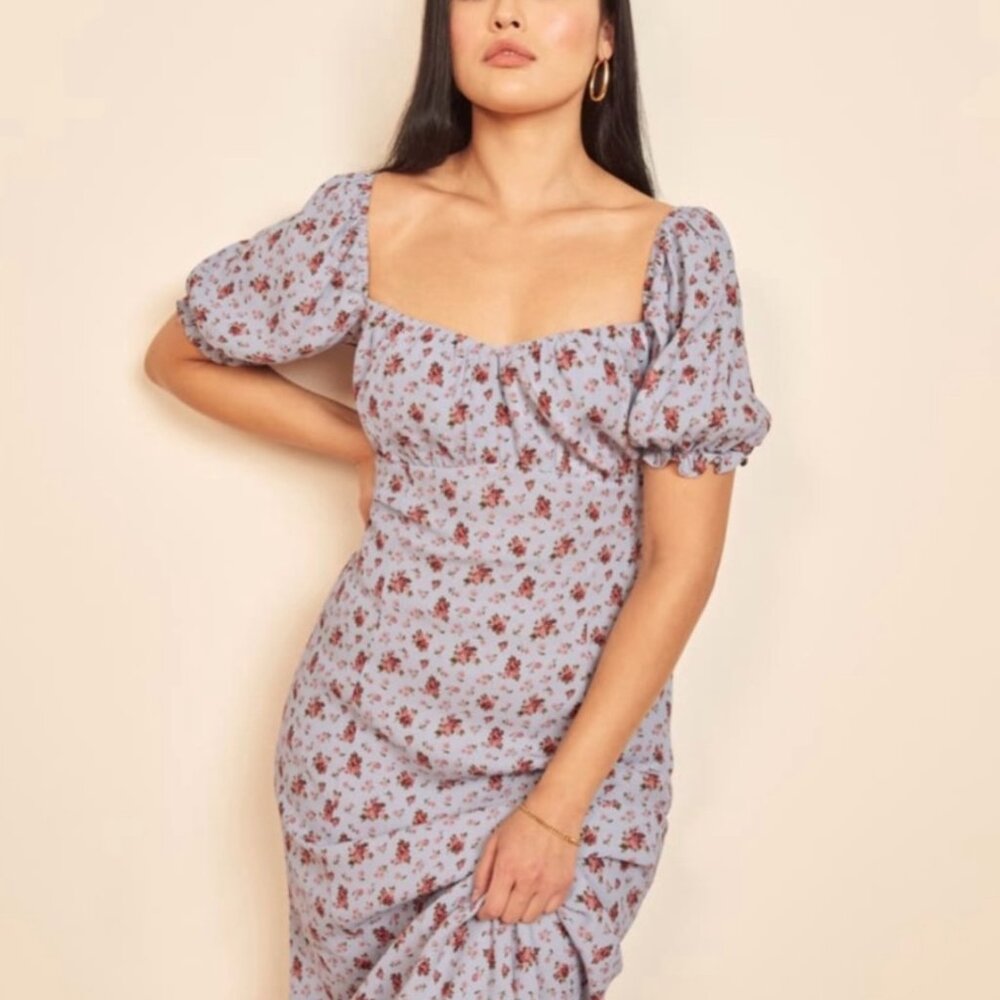 Reformation Bristol Puff Sleeve Floral Dress in Blue Floral Size Medium